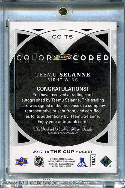 Teemu Selanne 2017-18 The Cup Color Coded Autographs #CC-TS /33