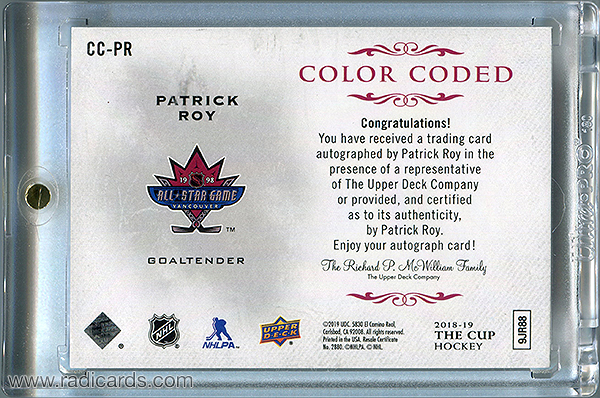 Patrick Roy 2018-19 The Cup Color Coded Autographs #CC-PR /22