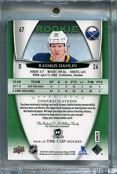 Rasmus Dahlin 2018-19 The Cup #67 Green Button /3