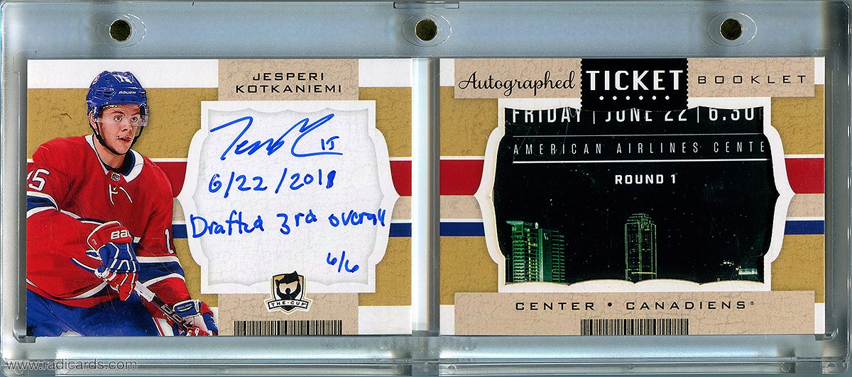 Jesperi Kotkaniemi 2018-19 The Cup Ticket Autographs #TB-JK /6