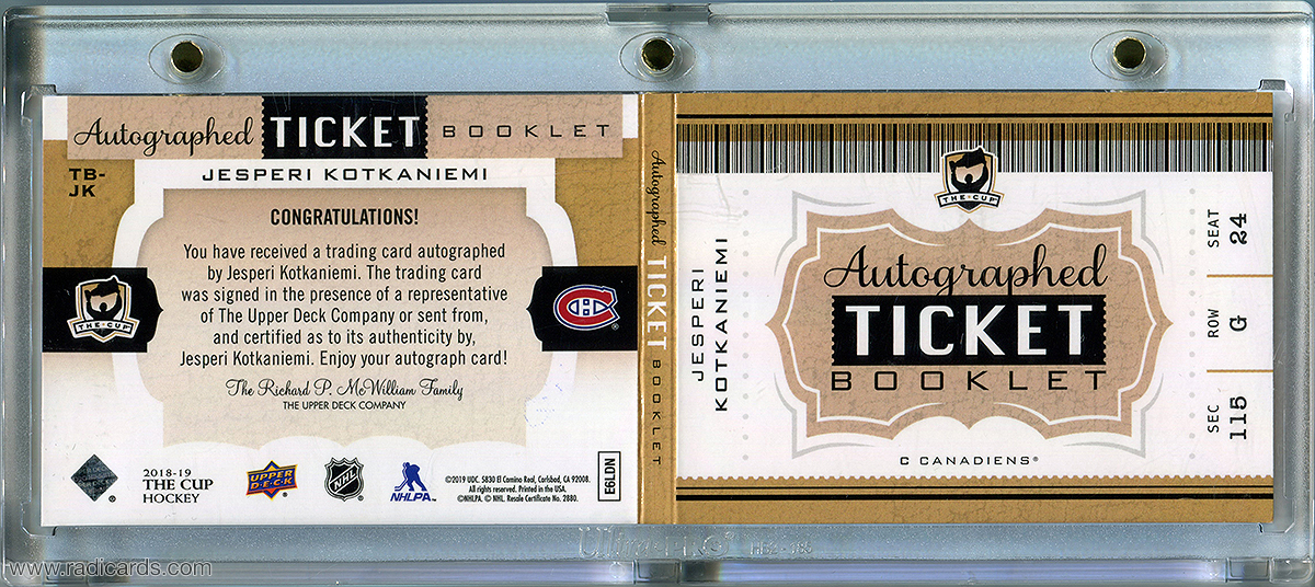 Jesperi Kotkaniemi 2018-19 The Cup Ticket Autographs #TB-JK /6