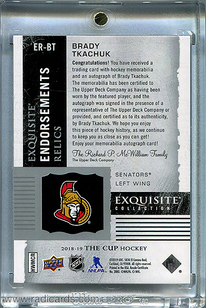 Brady Tkachuk 2018-19 Exquisite Collection Endorsements Relics #ER-BT /50