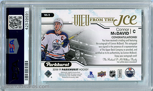 Connor McDavid 2018-19 Parkhurst View from the Ice #VI-1 Autographs PSA 10