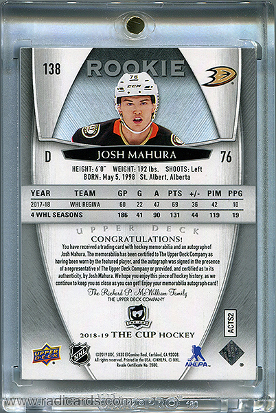 Josh Mahura 2018-19 The Cup #138 /249