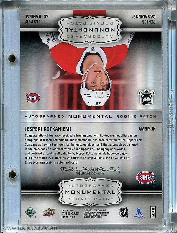 Jesperi Kotkaniemi 2018-19 The Cup Monumental Rookie Patch Autographs #AMRP-JK /6