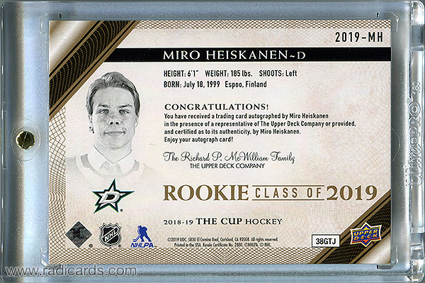 Miro Heiskanen 2018-19 The Cup Rookie Class of 2019 #2019-MH Gold /75
