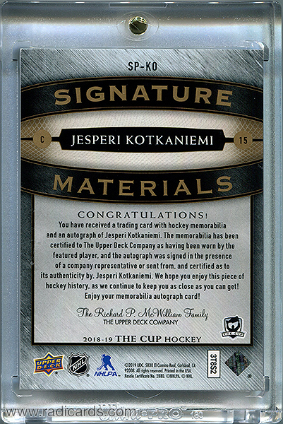 Jesperi Kotkaniemi 2018-19 The Cup Signature Materials #SP-KO /99