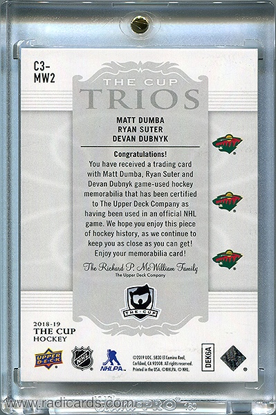 Matt Dumba/Ryan Suter/Devan Dubnyk 2018-19 The Cup Trios Jerseys #C3-MW2 /33