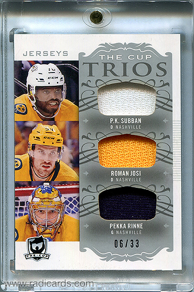 P.K. Subban/Roman Josi/Pekka Rinne 2018-19 The Cup Trios Jerseys #C3-NP2 /33