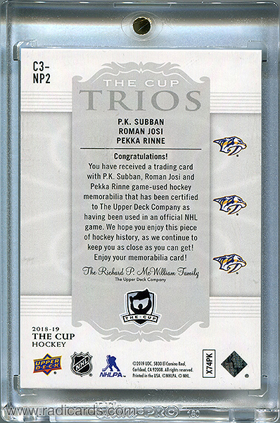 P.K. Subban/Roman Josi/Pekka Rinne 2018-19 The Cup Trios Jerseys #C3-NP2 /33