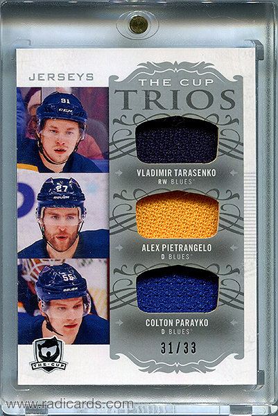 Vladimir Tarasenko/Alex Pietrangelo/Colton Parayko 2018-19 The Cup Trios Jerseys #C3-ST2 /33