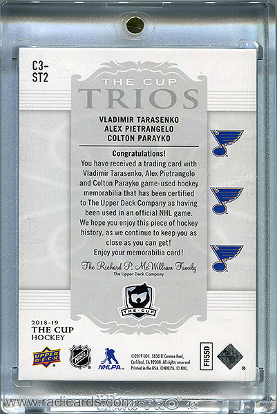 Vladimir Tarasenko/Alex Pietrangelo/Colton Parayko 2018-19 The Cup Trios Jerseys #C3-ST2 /33