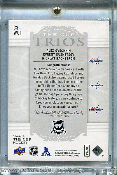 Alexander Ovechkin/Evgeny Kuznetsov/Nicklas Backstrom 2018-19 The Cup Trios Jerseys #C3-WC1 /33