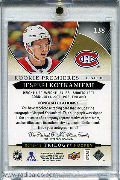 Jesperi Kotkaniemi 2018-19 Upper Deck Trilogy #138 /399