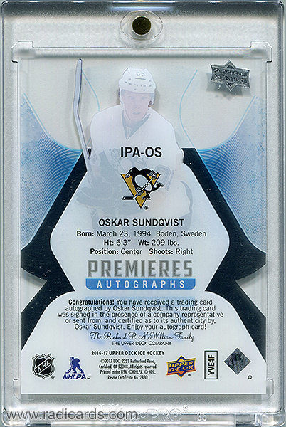 Oskar Sundqvist 2016-17 Upper Deck Ice Ice Premieres Autographs #IPA-OS /299