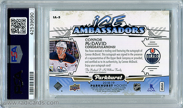 Connor McDavid 2018-19 Parkhurst Ice Ambassadors #IA-5 Autographs PSA 10