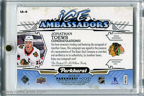 Jonathan Toews 2018-19 Parkhurst Ice Ambassadors #IA-6 Autographs