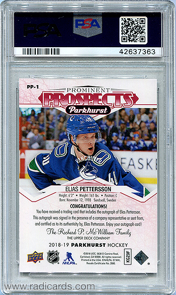 Elias Pettersson 2018-19 Parkhurst Prominent Prospects #PP-1 Autographs Red /25 PSA 10