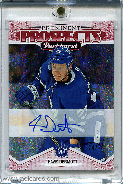 Travis Dermott 2018-19 Parkhurst Prominent Prospects PP-12 Autographs Red /25