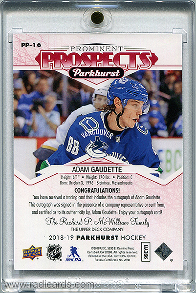 Adam Gaudette 2018-19 Parkhurst Prominent Prospects PP-16 Autographs Red /25