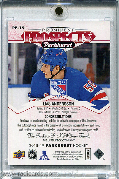 Lias Andersson 2018-19 Parkhurst Prominent Prospects PP-19 Autographs Red /25