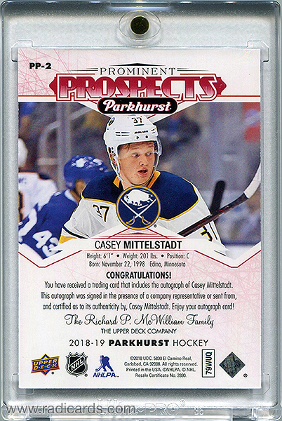 Casey Mittelstadt 2018-19 Parkhurst Prominent Prospects PP-2 Autographs Red /25