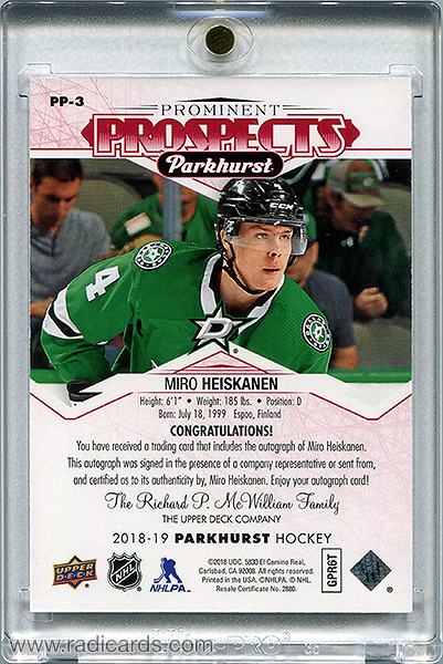 Miro Heiskanen 2018-19 Parkhurst Prominent Prospects PP-3 Autographs Red /25