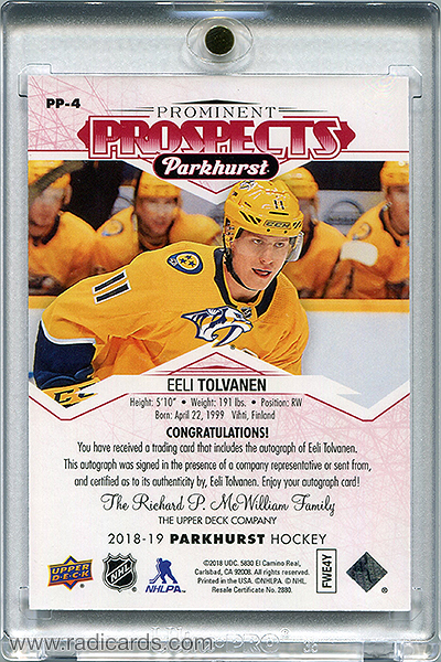 Eeli Tolvanen 2018-19 Parkhurst Prominent Prospects PP-4 Autographs Red /25
