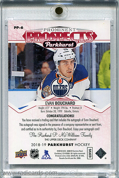 Evan Bouchard 2018-19 Parkhurst Prominent Prospects PP-6 Autographs Red /25