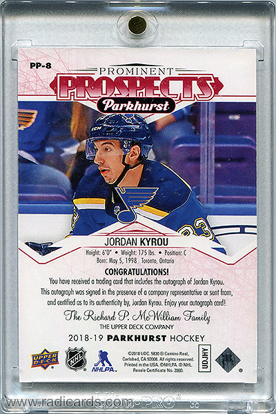 Jordan Kyrou 2018-19 Parkhurst Prominent Prospects PP-8 Autographs Red /25