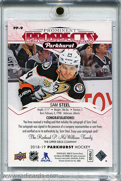 Sam Steel 2018-19 Parkhurst Prominent Prospects PP-9 Autographs Red /25