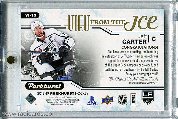 Jeff Carter 2018-19 Parkhurst View from the Ice #VI-13 Autographs
