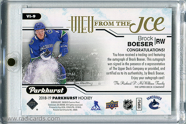 Brock Boeser 2018-19 Parkhurst View from the Ice #VI-9 Autographs