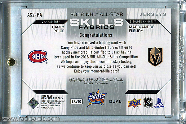 Carey Price/Marc-Andre Fleury 2018-19 SP Game Used '18 All Star Skills Fabrics Dual #AS2-PA
