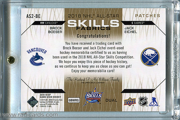 Brock Boeser/Jack Eichel 2018-19 SP Game Used '18 All Star Skills Fabrics Dual Patch #AS2-BE /25