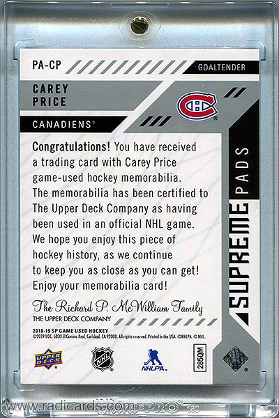 Carey Price 2018-19 SP Game Used Supreme Leg Pads #PA-CP /15