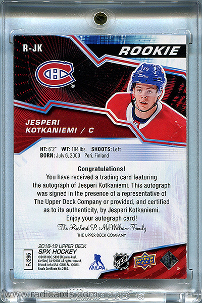 Jesperi Kotkaniemi 2018-19 SPx Rookies #R-JK Autographs /149