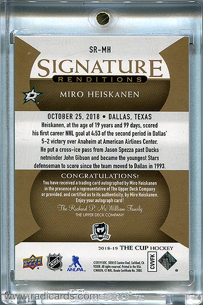 Miro Heiskanen 2018-19 The Cup Signature Renditions #SR-MH