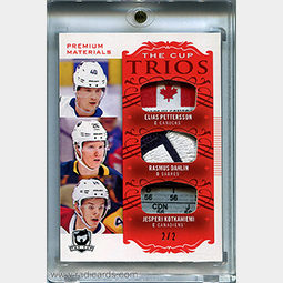 Elias Pettersson/Rasmus Dahlin/Jesperi Kotkaniemi 2018-19 The Cup Trios Jerseys #C3-RC1 Red Tag /2