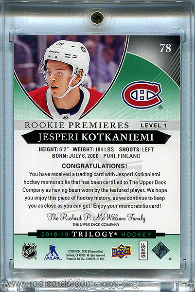 Jesperi Kotkaniemi 2018-19 Upper Deck Trilogy #78 Green /499