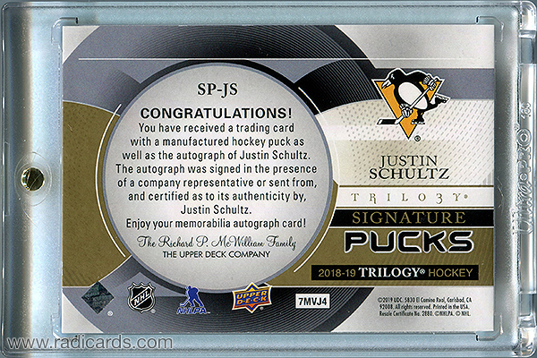 Justin Schultz 2018-19 Upper Deck Trilogy Signature Pucks #SP-JS