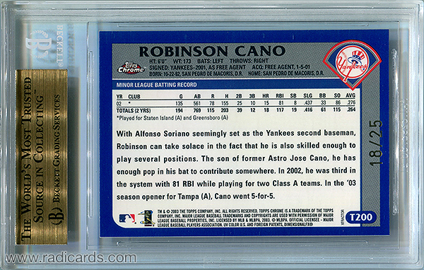 Robinson Cano 2003 Topps Chrome Traded #T200 Uncirculated X-Fractor /25 BGS 9.5