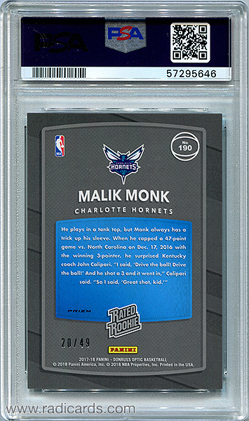 Malik Monk 2017-18 Donruss Optic #190 Blue /49 PSA 9